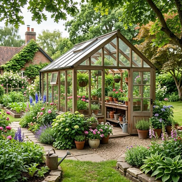 A beautiful backyard garden featuring an aesthetic garden greenhouse with glass panels, packed with potted plants and a small potting bench.