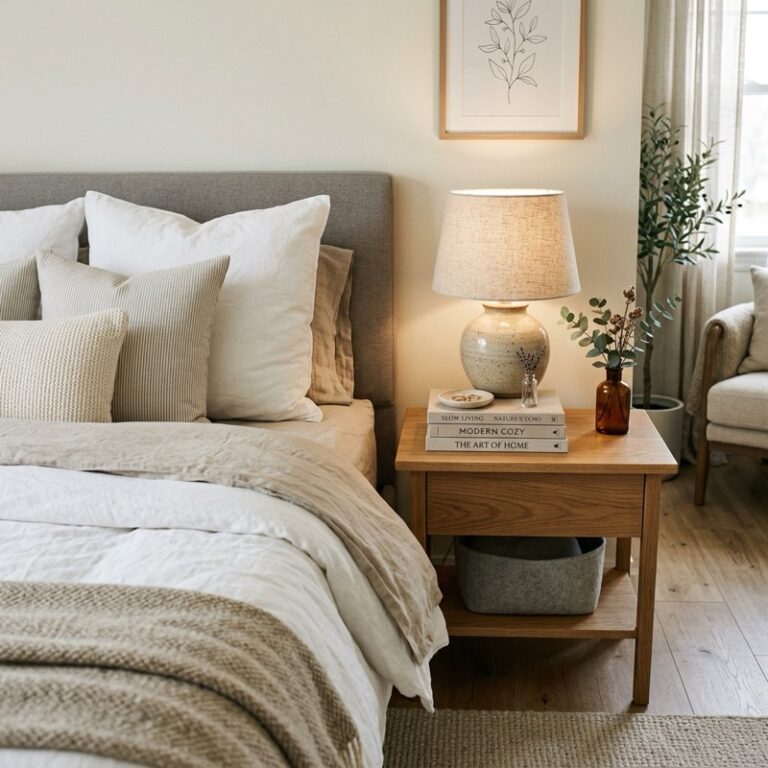 A modern cozy bedroom showcasing bedroom nightstand styling ideas with a warm oak bedside table, a ceramic table lamp, and a small stack of linen books.