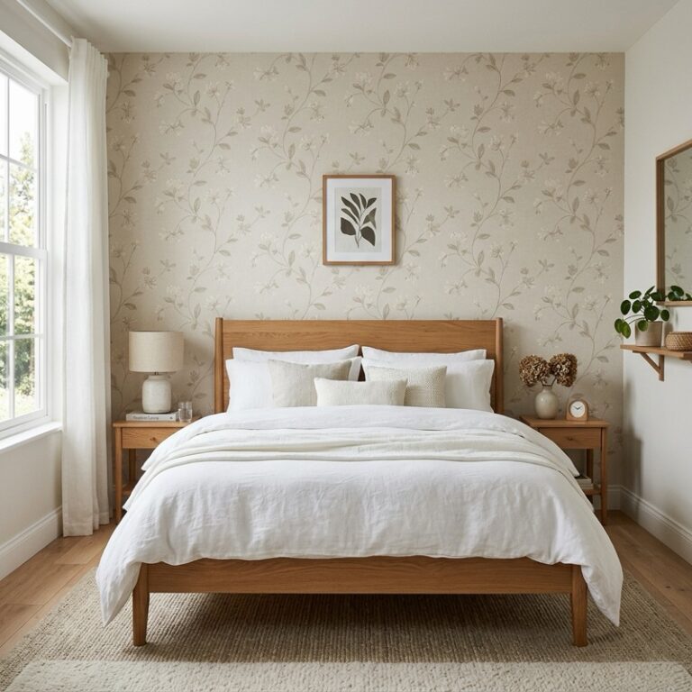 A modern bedroom featuring a bedroom wallpaper accent wall with a subtle beige floral pattern behind a wooden bed frame, dressed in white linen sheets.