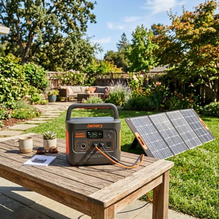 A portable solar generator power station charging from a solar panel in a garden.