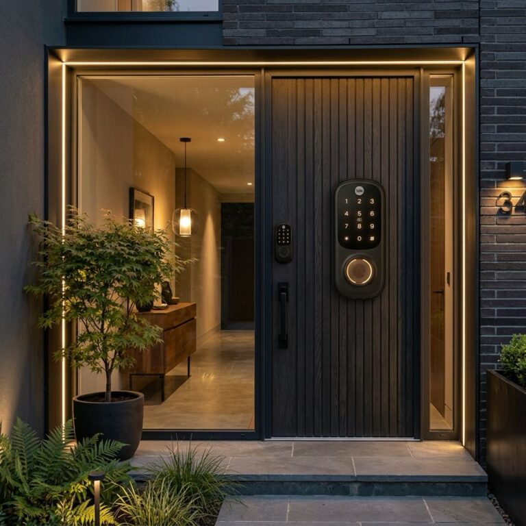 A modern entryway door showing a high-tech smart door lock with a digital keypad.