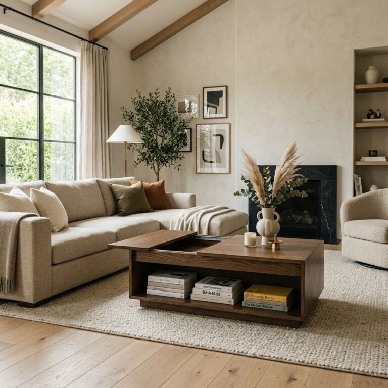 A modern living room showcasing a functional storage coffee table with hidden compartments.