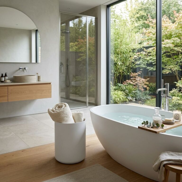 A spa-like bathroom interior with a stylish freestanding towel warmer bucket next to the bathtub.