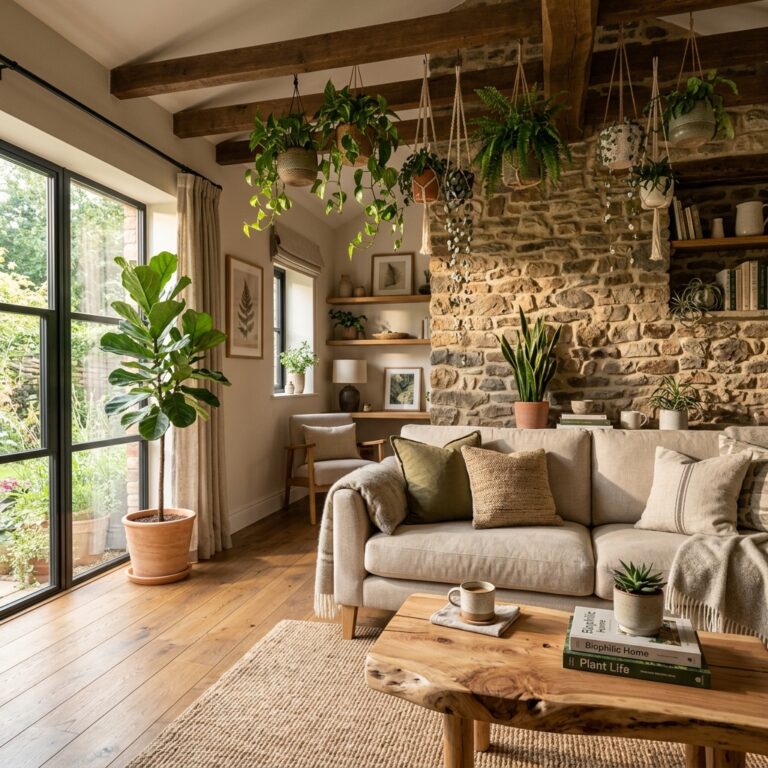 A cozy sunlit biophilic living room with a natural stone accent wall, cream linen sofa, and hanging pothos plants.