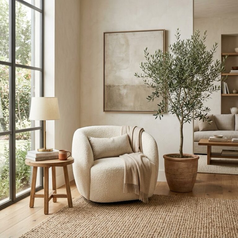 A modern warm minimalist living room showcasing boucle accent chair styling with a curved cream-colored boucle chair, oak side table, and olive tree.