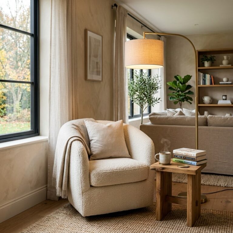 A cozy reading nook in a living room corner featuring a cream lounge chair, brass floor lamp, and side table.
