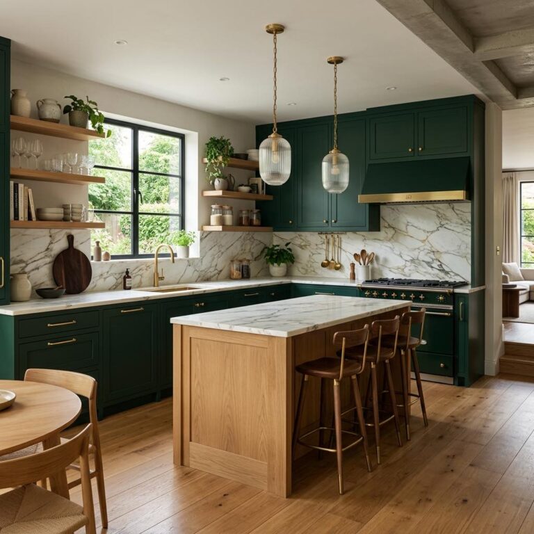 A luxury modern kitchen featuring rich dark green kitchen cabinets, marble countertops, and brass hardware.
