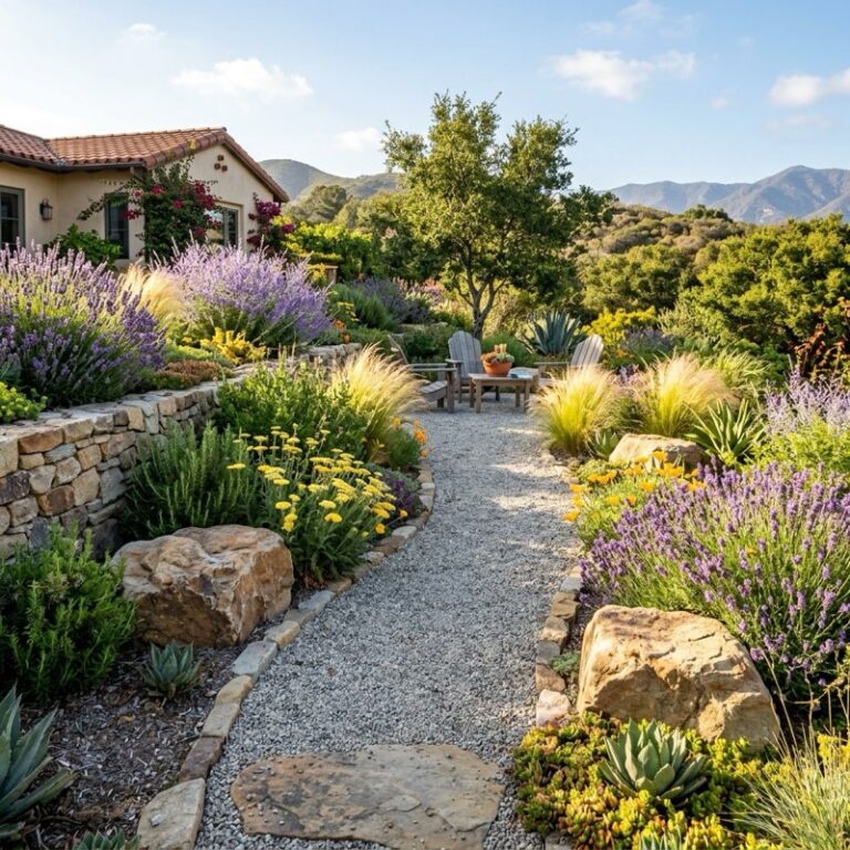 A water-wise backyard landscape design showcasing native drought-tolerant plants, ornamental grasses, and gravel paths.