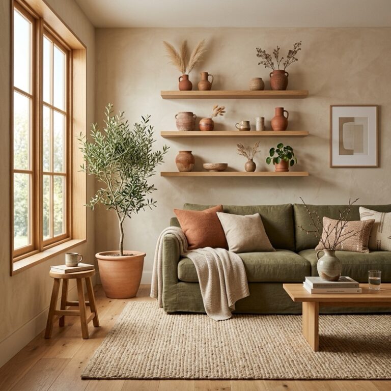 A cozy modern living room designed with an olive green sofa, terracotta accents, and a natural jute rug in an earth tone palette.
