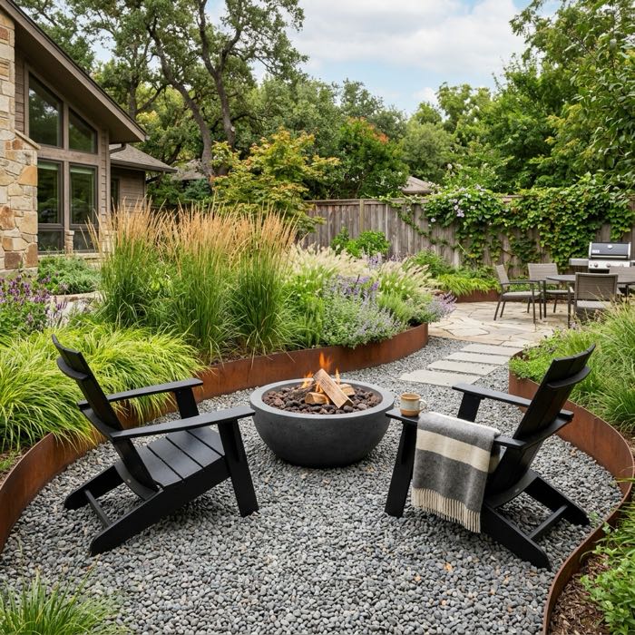 A minimalist backyard patio styled with pea gravel, dark wooden lounge chairs, and a concrete fire pit.