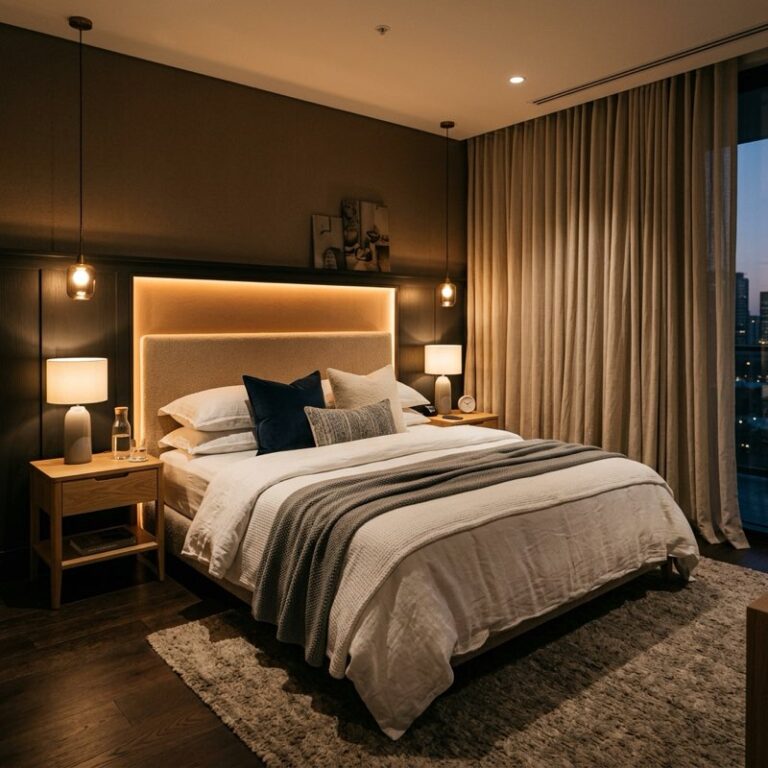 A luxurious boutique hotel style bedroom showcasing layered linen bedding and warm backlit LED headboard lighting.
