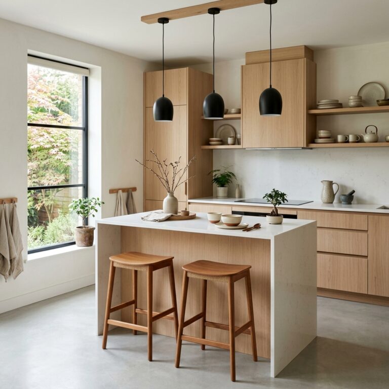 A minimalist Japandi kitchen featuring light oak cabinets, matte quartz countertops, and hanging paper pendant lights.