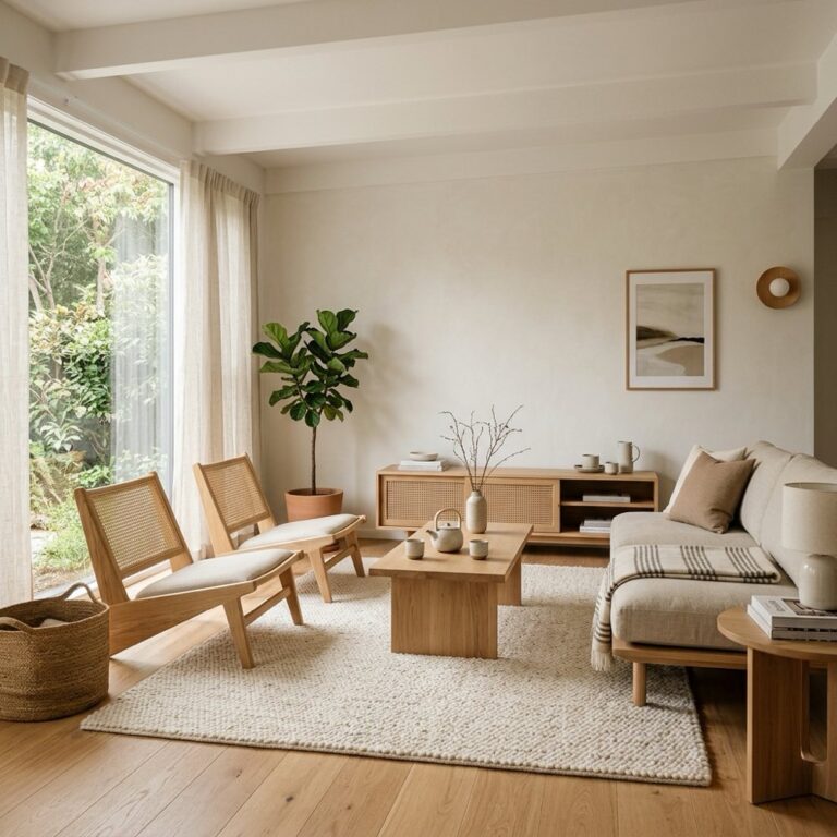 A cozy living room showing Japandi living room design with low-profile light wood furniture, cream colored textured rug, and minimal styling with neutral colors.