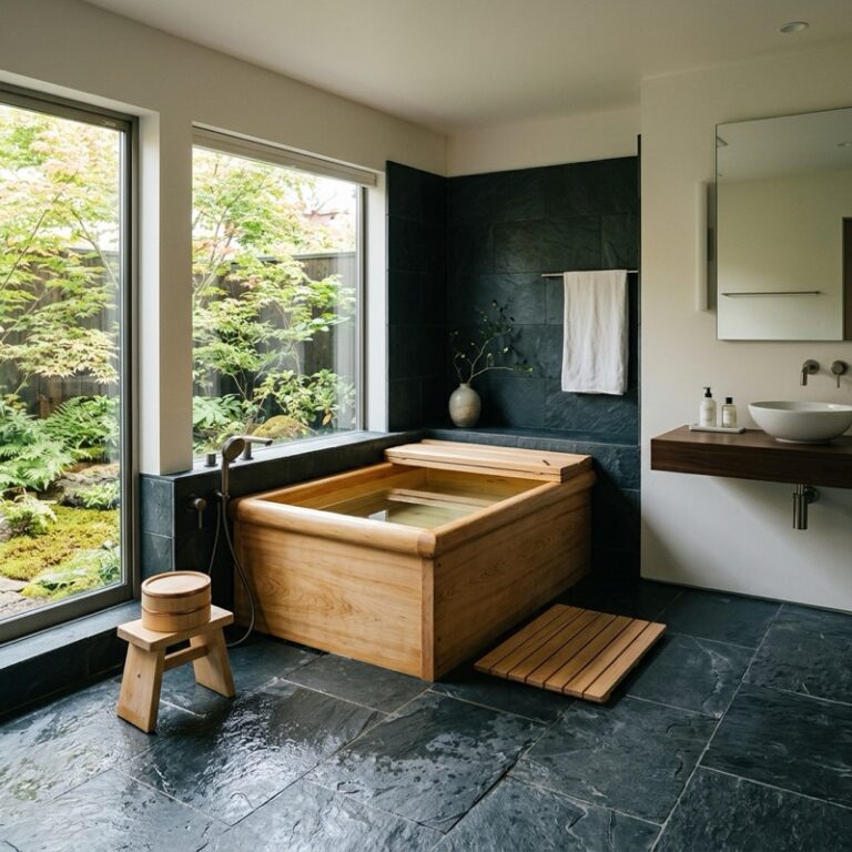 A luxury bathroom showing a Japanese soaking tub design crafted from hinoki wood, styled with natural stone tiles and a small stool.