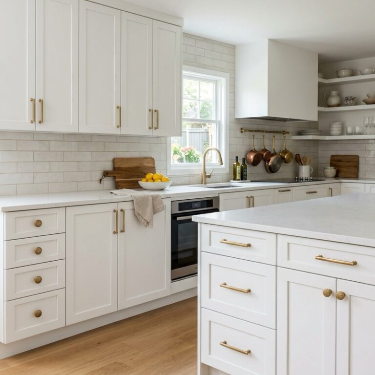 A contemporary kitchen showcasing kitchen cabinet hardware ideas with brushed brass pulls on clean-lined white cabinets and matching brass drawer knobs.