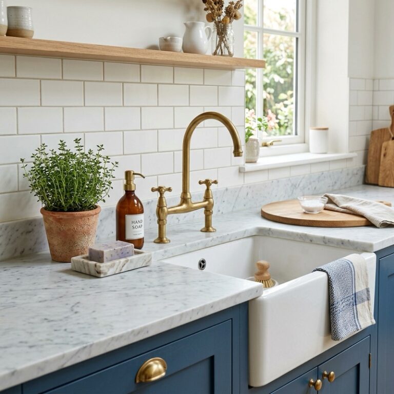 A bright organized kitchen showcasing kitchen sink styling ideas with a brass bridge faucet, a marble soap tray, and a small potted herb plant.