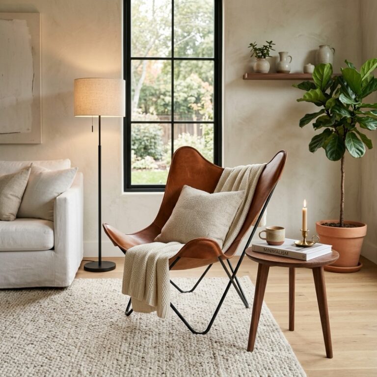 A warm minimalist living room showcasing cognac leather accent chair styling with a wooden side table, neutral rug, and ambient floor lamp.