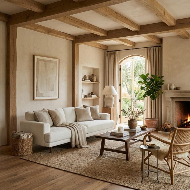 A spacious living room showing limewash paint living room walls with a soft chalky beige texture and minimalist linen seating.
