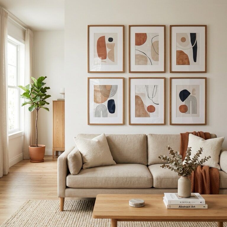 A modern warm minimalist living room showcasing a living room gallery wall with wood-framed abstract art prints hung symmetrically above a beige linen sofa.