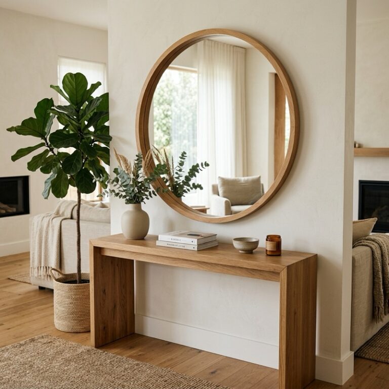 A modern warm minimalist living room showcasing living room mirror styling with a large round wooden mirror hung above a oak console table, reflecting soft natural light.
