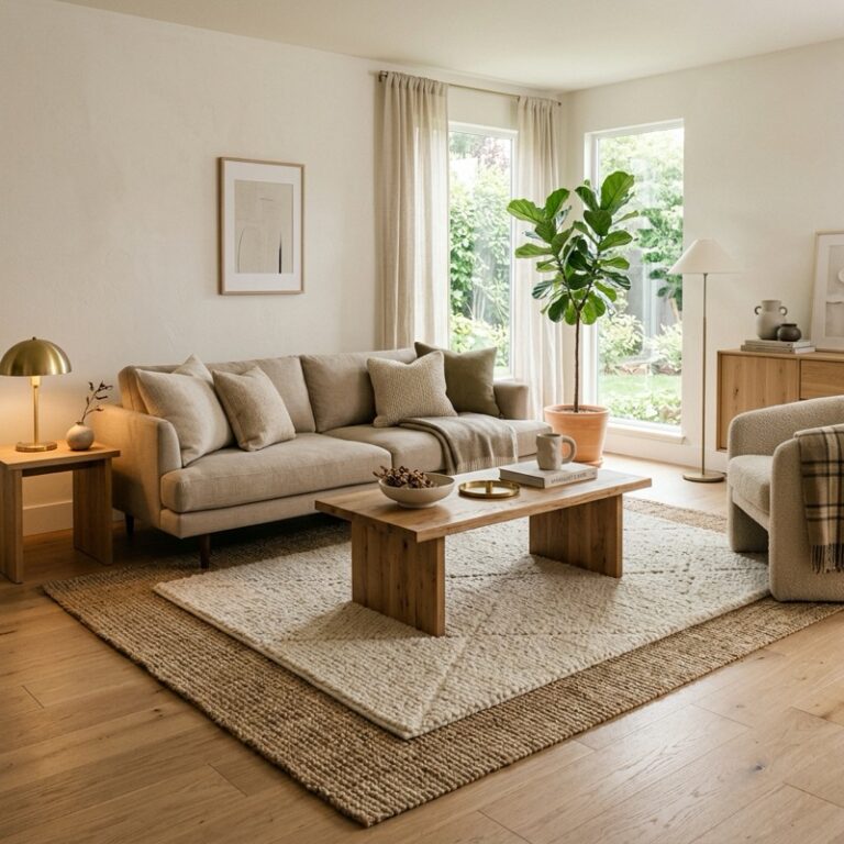 A modern warm minimalist living room showcasing living room rug styling with a large textured neutral wool rug layered over a jute rug, styled with a linen sofa.