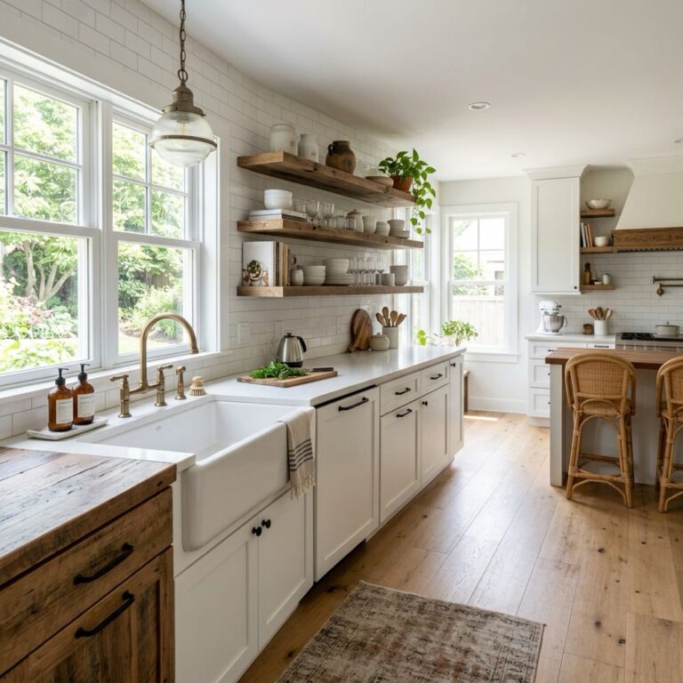 A bright kitchen showcasing modern farmhouse kitchen design with white shaker cabinets, reclaimed wood open shelves, and a large apron sink.