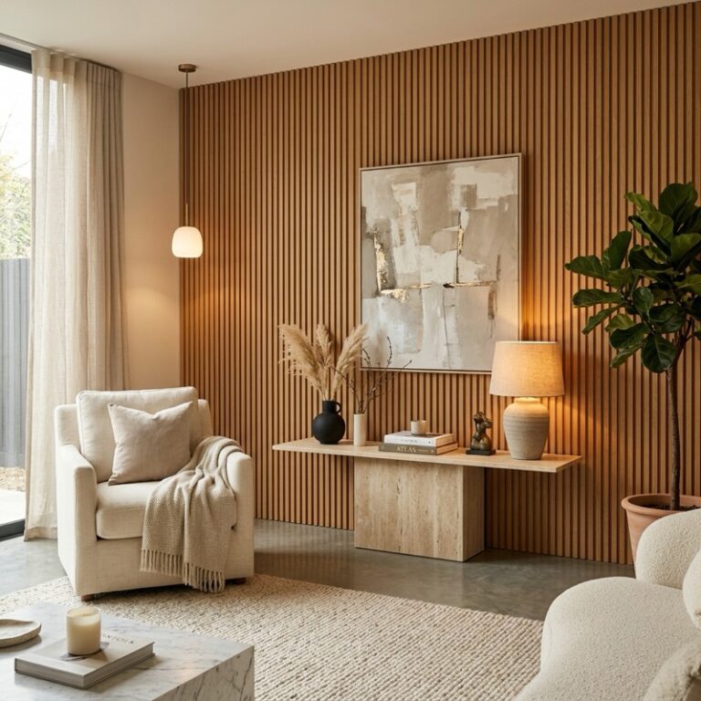 A modern living room showcasing a warm oak fluted wood slat accent wall behind a low travertine console.