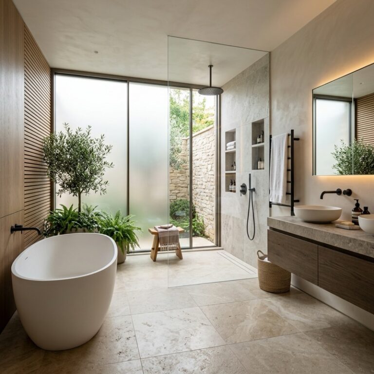 A luxurious spa bathroom featuring a combined walk-in shower and freestanding soaking tub in a modern wet room layout.