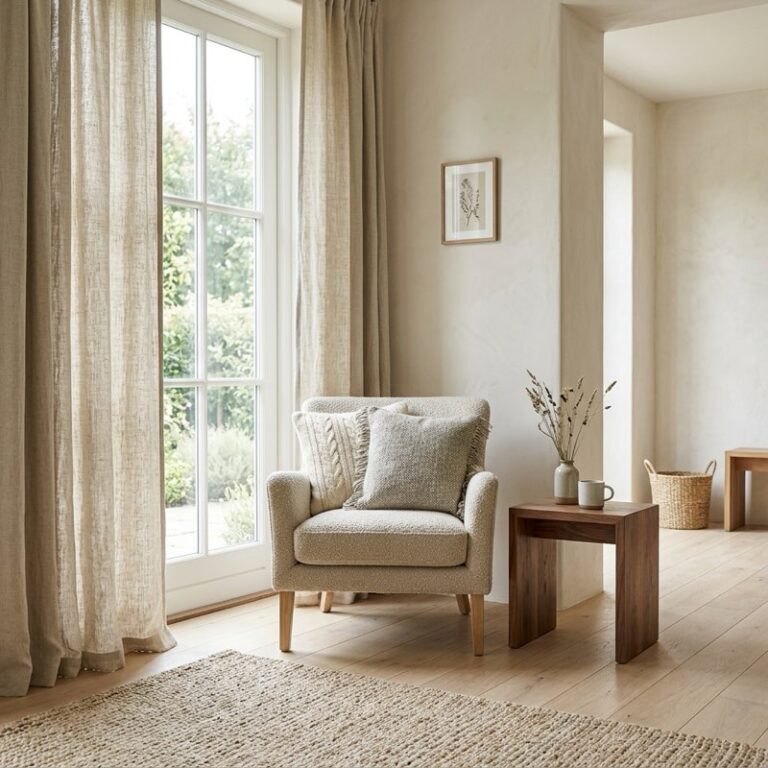 A bright healthy living space styled with non-toxic home decor products, natural fabrics, and clay walls.