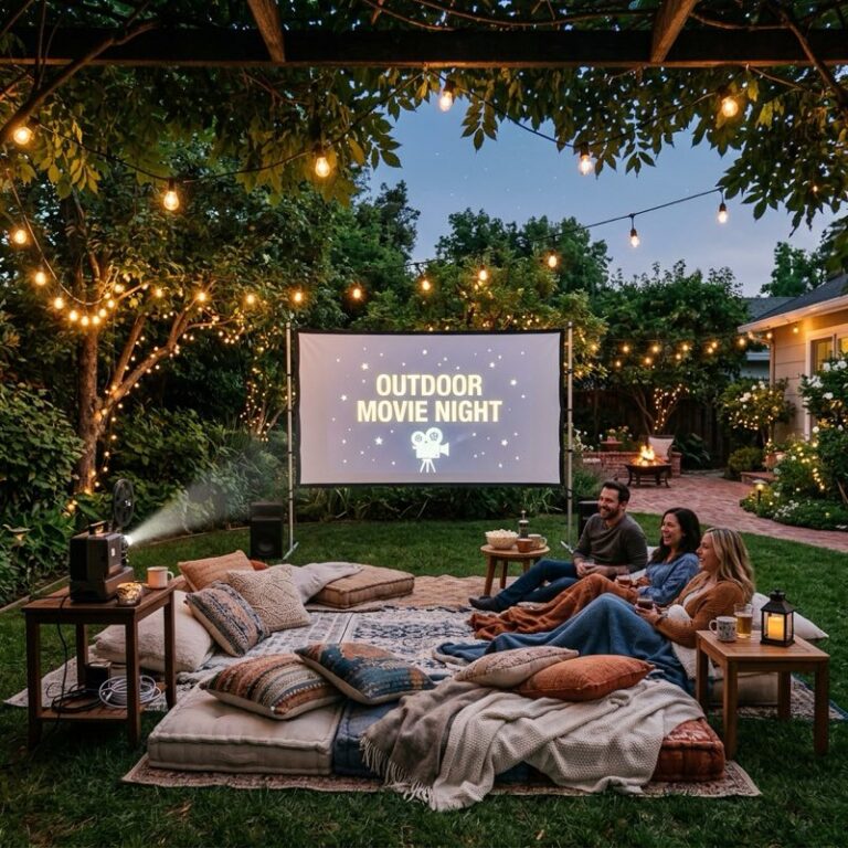 A cozy backyard setup showing outdoor movie theater staging with a large white projector screen, floor pillows, and string lights.