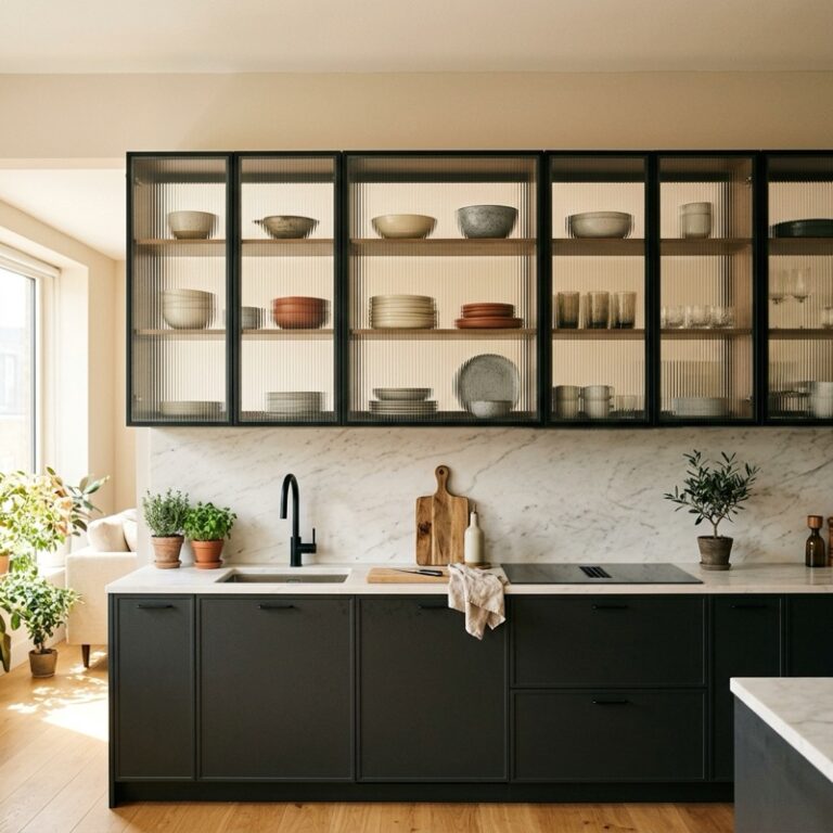 A contemporary kitchen showing reeded glass kitchen cabinets with fluted glass doors, black metal frames, styled with ceramic dishes inside.