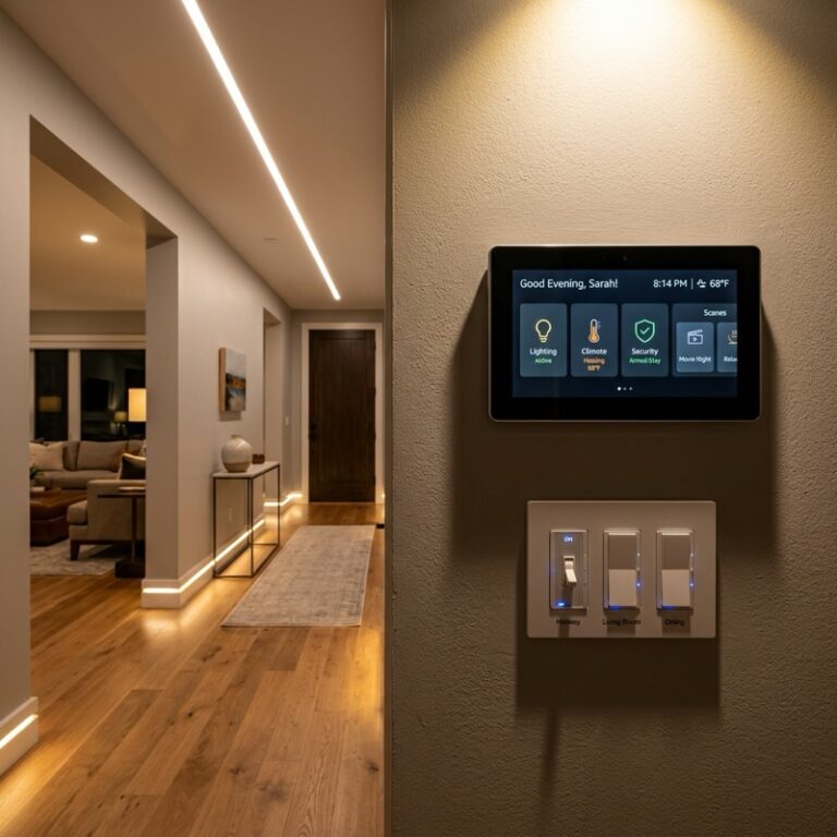 A modern living room displaying a smart robot vacuum cleaner docks on a charging station on a light oak floor, with a clean path reflecting light.