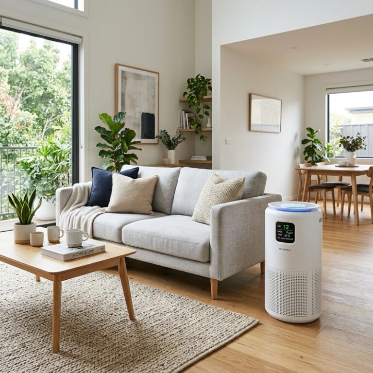 A contemporary home showing a smart home air purifier with a sleek white air purifier standing in a bright living room, displaying clean air metrics.