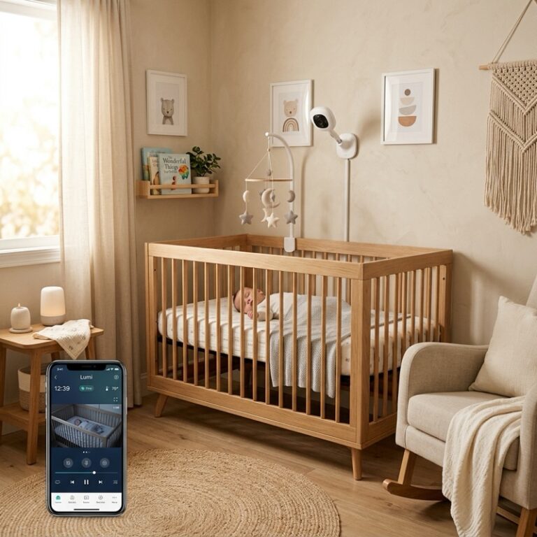 A modern baby nursery room showing a smart baby monitor setup mounted above a wooden crib, with soft neutral decor, warm lighting, and a phone displaying nursery feed.
