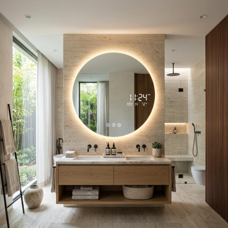 A modern bathroom vanity featuring a circular backlit smart bathroom mirror with touch controls.