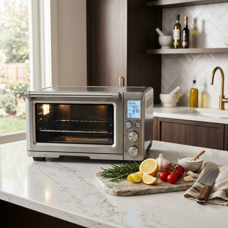 A modern kitchen counter displaying a sleek stainless steel smart countertop oven, with fresh ingredients nearby.