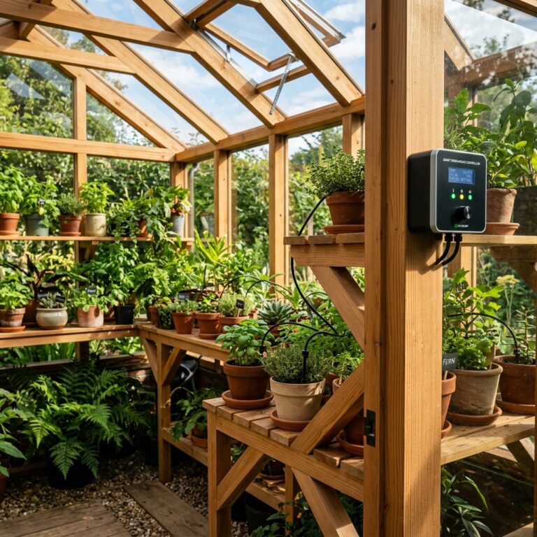 A wooden frame smart greenhouse filled with plants, featuring automated vent openers and digital soil moisture controllers.