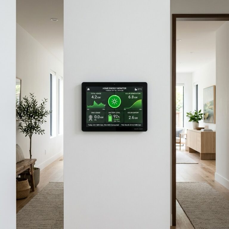 A modern hallway displaying smart home energy monitoring with an energy tracking control panel mounted on the wall, showing green usage stats.