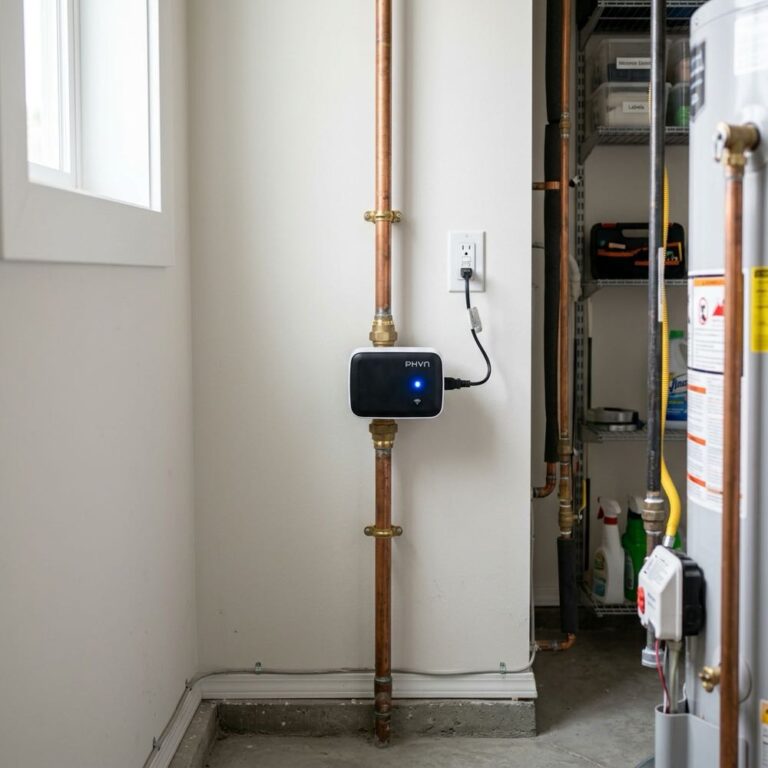 A utility closet showing a smart home water monitoring valve installed on the copper main water pipe, with a small blue light indicator.