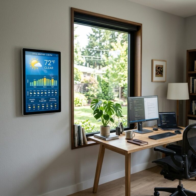 A modern home office displaying a smart home weather station screen mounted on the wall next to a window, displaying local temperature and weather graphs.