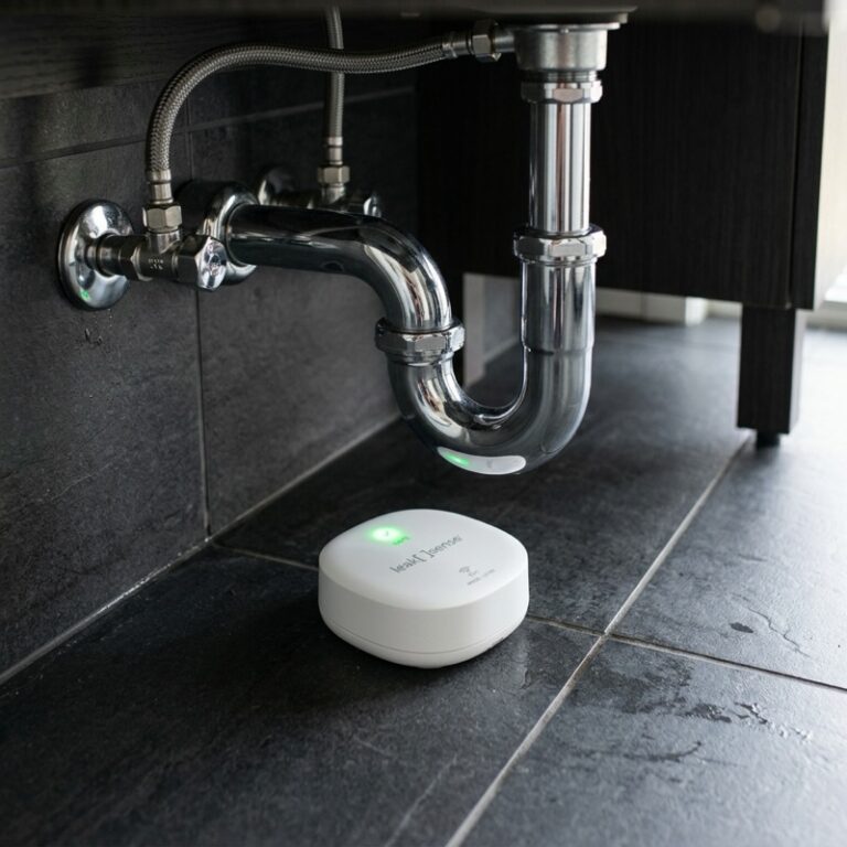 A sleek white smart water leak detector device positioned on a bathroom tile floor near plumbing pipes.