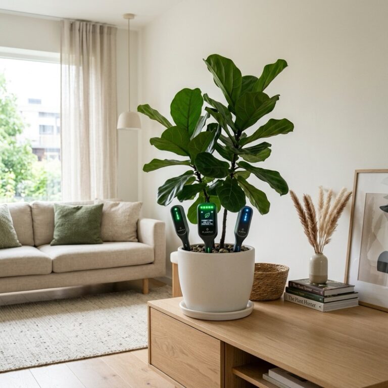 A bright living room showing smart plant monitor systems inserted into the soil of a large fiddle leaf fig plant, displaying a phone app.