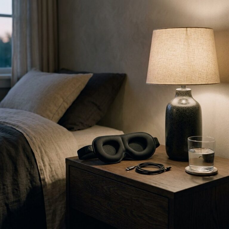 A minimalist nightstand showing a smart sleep mask resting next to a dim lamp and a glass of water.