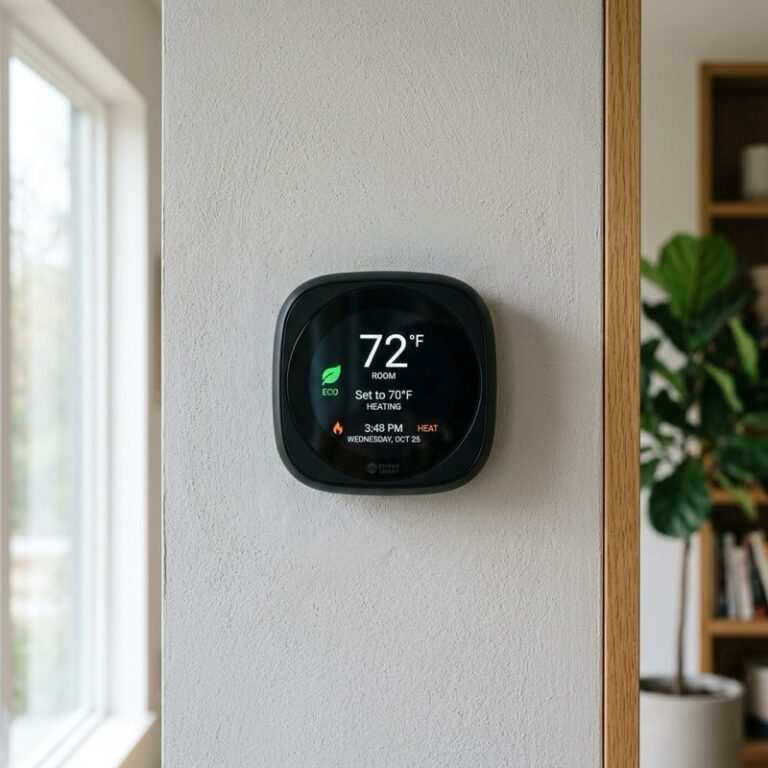 A modern smart thermostat displaying temperature and eco-mode settings mounted on a clean interior wall.