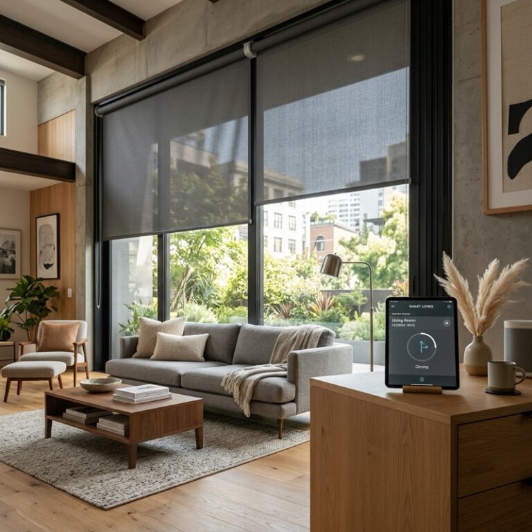 A modern smart living room displaying smart window shades automation with motorized roller shades automatically closing on a large window, controlled via a tablet on a side table.