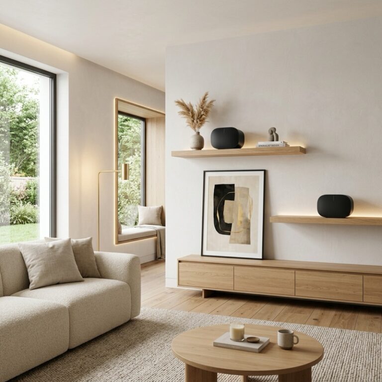 A sleek living room showing smart home speaker placement with a smart speaker positioned at ear height on a bookshelf, and a smartphone app layout in the foreground.