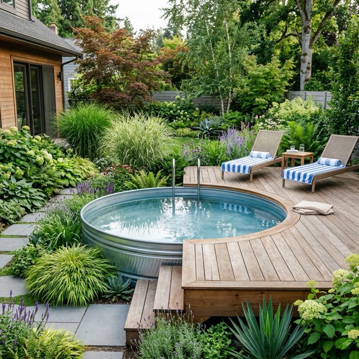 A circular galvanized steel stock tank pool built into a modern timber deck surrounded by backyard plants.