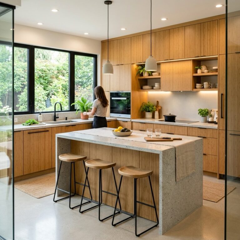 A modern eco-friendly kitchen featuring sustainable flat-panel bamboo cabinets and light grey stone counters.