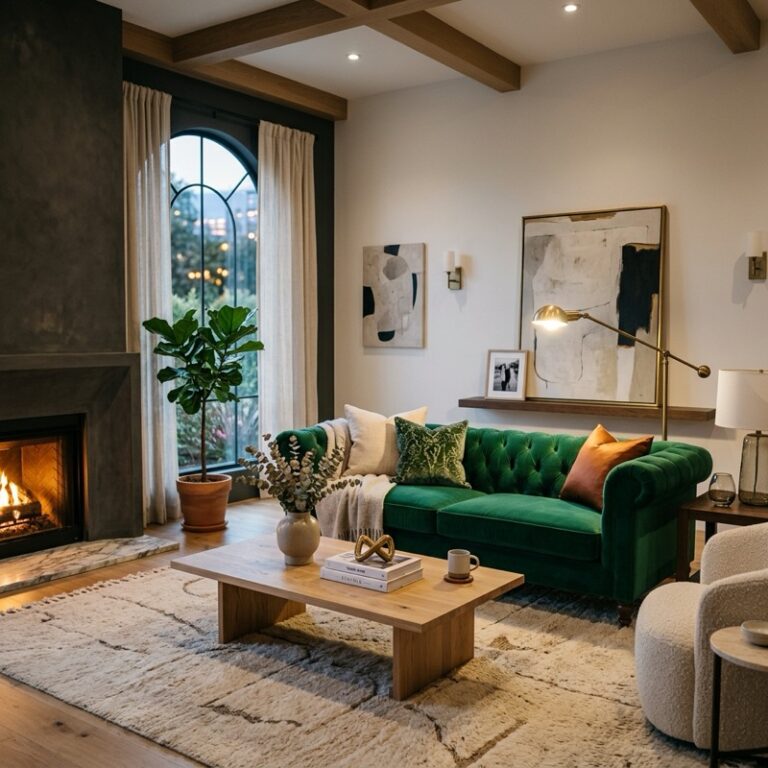 A modern luxury living room showcasing velvet sofa styling ideas with a forest green velvet sectional, brass accent tables, and neutral linen curtains.