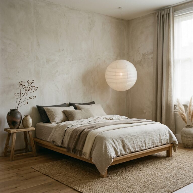 A peaceful wabi-sabi bedroom with textured raw plaster walls, a low wooden platform bed, and organic linen bedding.